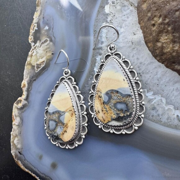 Sterling Silver Southwestern Style Teardrop Maligano Jasper Dangle Earrings - Picture 4 of 10